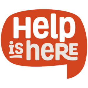 An orange quotation bubble with the words "Help is Here" inside