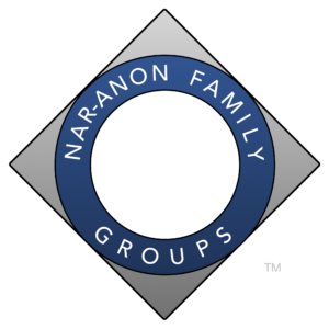 A gray box with a blue ring inside with the words "Nar-Anon Family Groups" inside